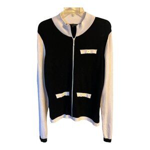 Vtg Pierri New York Women’s Zip Front Sweater – Black & White Colorblock – Size